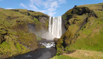 Dramatic Waterfall Cascading Down Rocky Cliffs