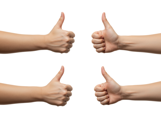 Four hands showing thumbs up gesture on transparent background