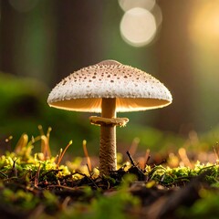 Mushroom in forest floor sunlight