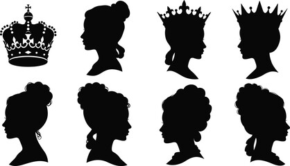 Queen silhouette vector, princess profile, royal woman shadow, crown icon, vintage hairstyle, elegant female head, black outline, regal style © Noyon Creatives