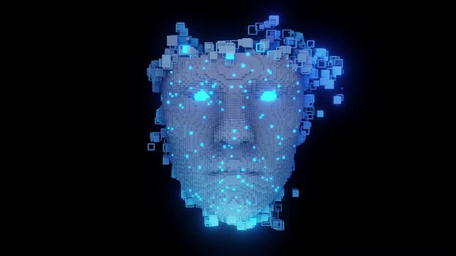 3D pixelated AI head with glowing eyes and floating cubes on dark background, representing artificial intelligence, machine learning, and futuristic digital technology concepts.