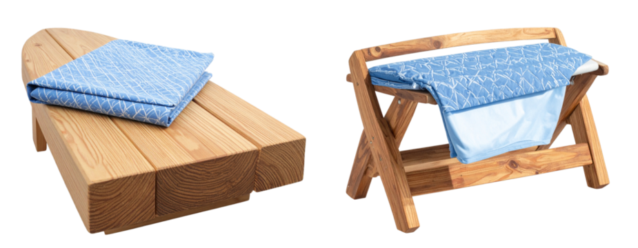 Wooden Ironing Board with Blue Patterned Cushion, isolated on transparent background  PNG