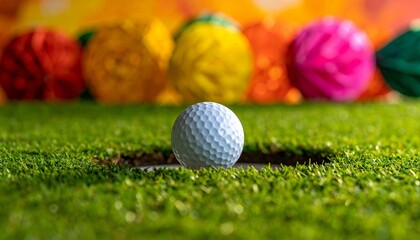 Naklejka premium A close-up of a golf ball near the hole on vibrant green grass, with colorful decorations blurred in the background.