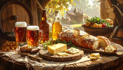 Fototapeta premium Rustic table setting with fresh bread, cheese, tomatoes, grapes, and a frothy beer, bathed in warm sunset light.