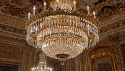 Luxury crystal chandelier in the interior of the palace. Luxury chandelier in the interior of the room. Luxury crystal chandelier in the interior of the building.