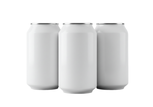 Three white aluminum beverage cans on transparent background