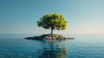 Solitary tree on small island in calm reflective waters