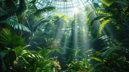 Tropical garden sunlit in glass dome interior