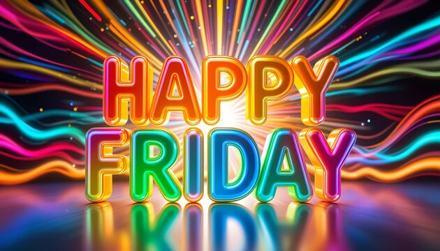 Colorful glowing neon text wishing happy friday with vibrant light beams and reflections