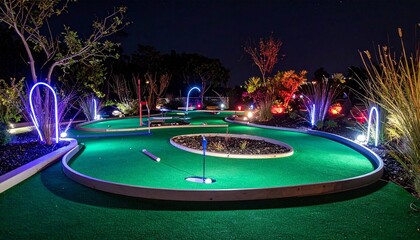 A vibrant mini-golf course at night illuminated with colorful LED lights, featuring glowing pathways and lush landscaping.
