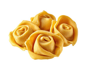Close-up of four pasta rose tortellini.  Golden-yellow, flour-dusted,  and sculpted into delicate rose shapes
