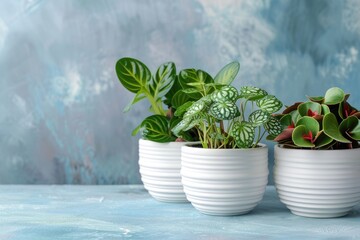 Premium Quality Image of Houseplants Fittonia Albivenis,Crassula Ovata,Peperomia in White Pots