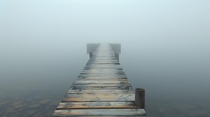 Fototapeta premium Lonely wooden pier stretching across pale foggy lake with open blank sky above, minimal tranquil background for meditation, calm design, nature solitude, and inspirational concepts.
