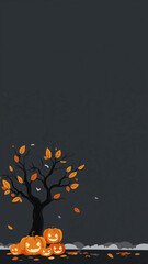 flat anime-style Halloween background featuring a twisted, spooky tree in a dark field with glowing jack-o'-lanterns and autumn leaves at its base