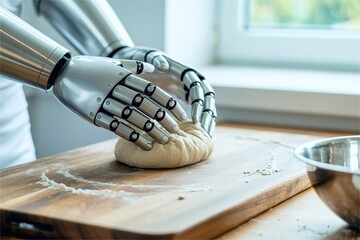 robot knead dough in kitchen. Automated task concept