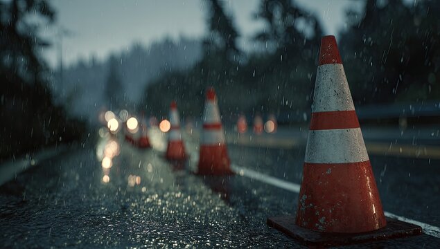 Wet road cones in a drizzle.  Rain-slicked highway at dusk, lined with traffic cones, in a misty forest