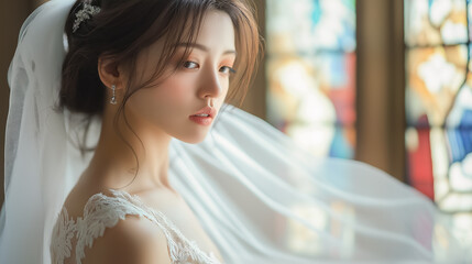 Naklejka premium Bride with flowing veil in chapel light 教会の光に包まれたベールの花嫁