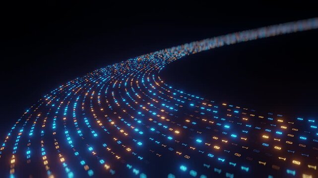 Glowing binary code in curved motion with blue and orange lights on dark background, symbolizing data transfer, digital communication, and futuristic information flow.