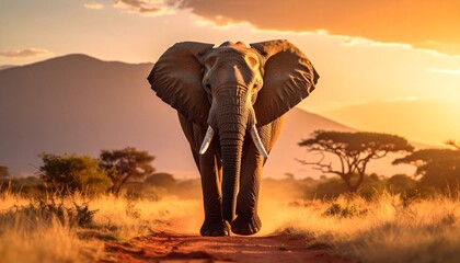 A majestic elephant walking through golden savannah grass at sunrise, with dramatic clouds and warm sunlight.