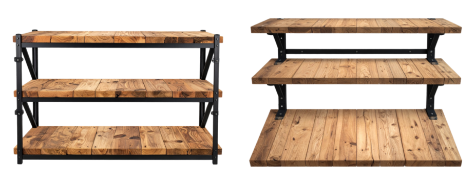  Rustic Wooden Shelf with Black Metal Brackets, isolated on transparent background  PNG