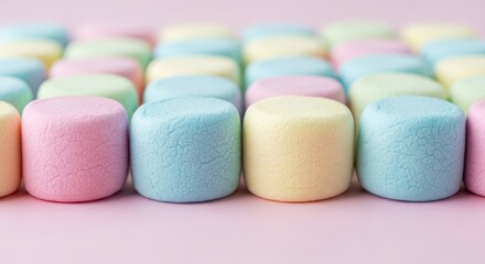 Close up of pastel marshmallows arranged in rows on a pink surface