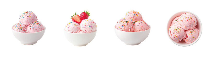 Strawberry Ice Cream Scoops PNG Set in White Bowl, Fresh Fruit, Sprinkles, Dessert, Summer Treat, Isolated on Transparent background