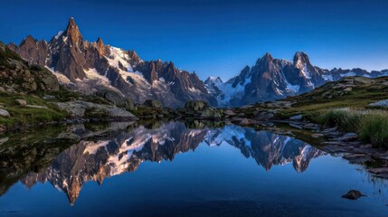 Naklejka premium Majestic alpine peaks mirrored in tranquil lake