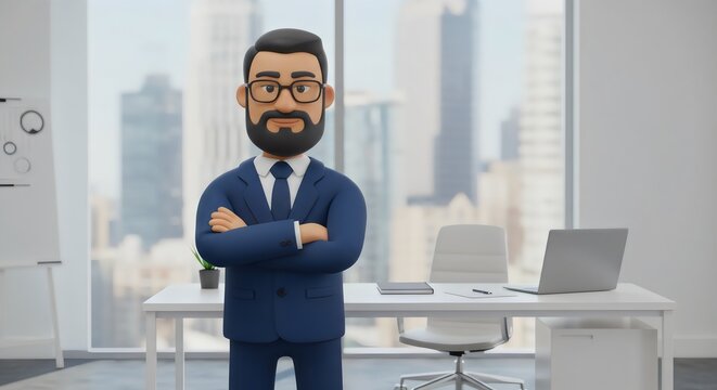 3D Cartoon Businessman in a Suit Standing in an Office, Confident Professional Character - Powered by Adobe