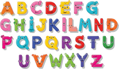 Fototapeta premium Colorful cartoon alphabet letters with cute faces, fun educational design, playful learning, kids illustration, preschool activity, nursery wall art, vibrant.