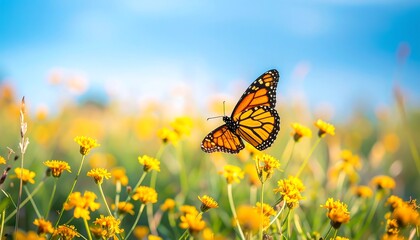 Monarch butterfly over yellow wildflowers