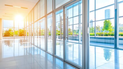 Modern office interior design urban cityscape photography bright environment wide angle view minimalist concept