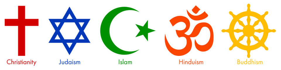 Symbols of the world major religions. Christianity, Judaism, Islam, Hinduism, Buddhism. Flat vector illustration isolated on white background.