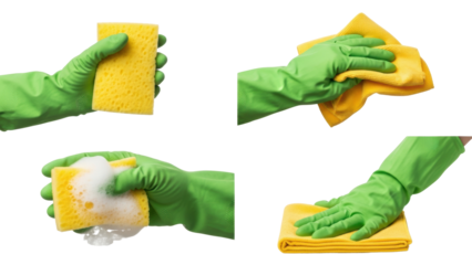 Green gloves cleaning with sponge and cloth, household hygiene tools for washing, scrubbing, wiping, dusting, sanitising, and polishing.  
