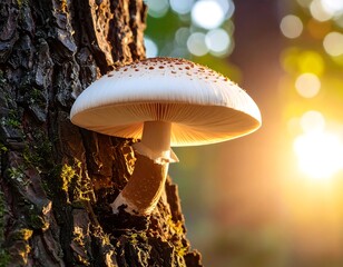 Mushroom on tree trunk at sunrise