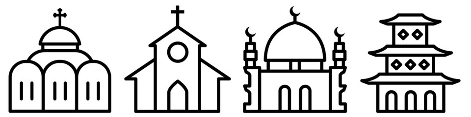 Orthodoxy, Catholicism, Islam, Buddhism. Line icon set. Temples of different religions. Flat vector illustration isolated on white background.
