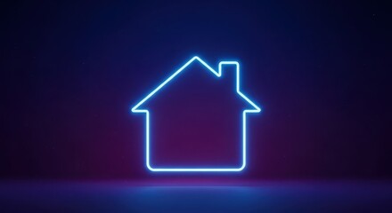 Neon house icon glowing in the dark, representing home and real estate
