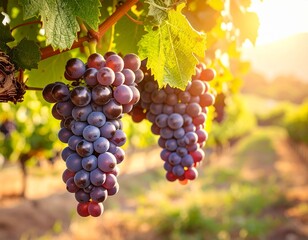 Fototapeta premium Ripe Purple Grapes in Vineyard at Sunset