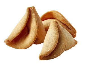 Three fortune cookies, light golden-brown, stacked slightly overlapping, with a delicate flaky texture.  The triangular shape is clearly defined
