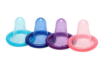 Four colorful condoms blue, light blue, purple, and pink, isolated on transparent background