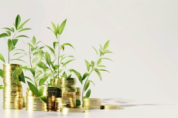 Vibrant Color Image of Green Plant Growing on Golden Coins Stacks on White Background