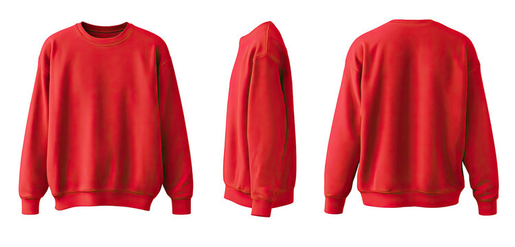 Three-view graphic of a vibrant red sweatshirt
