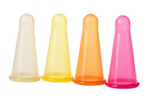 Four colorful nipple shields isolated on transparent background