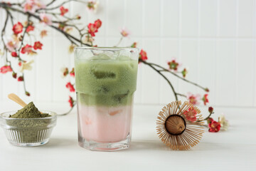 Iced Sakura Pink  Green Tea Matcha Ice Milk