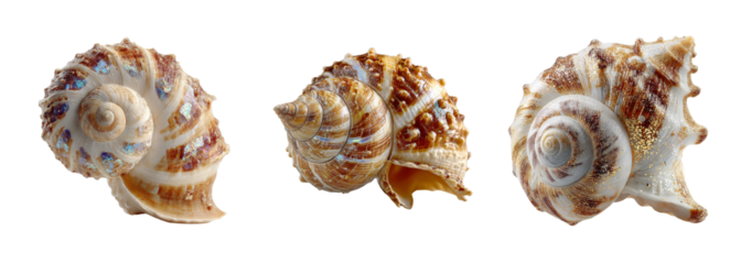 Three unique seashell PNG set isolated on transparent background with intricate spiral patterns and iridescent highlights