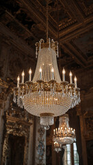 Obraz premium Luxury crystal chandelier in the interior of the palace. Luxury chandelier in the interior of the room. Luxury crystal chandelier in the interior of the building.