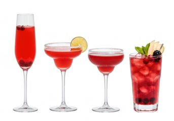 Four red cocktails isolated on transparent background