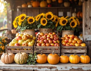 Autumn Farmers Market with Pumpkins, Apples, and Sunflowers