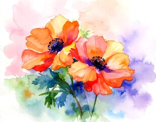 Watercolor painting of two orange-toned flowers