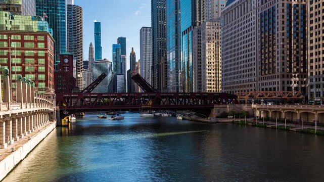 Chicago River Bridge Lifts with Downtown Skyline Traffic Timelapse