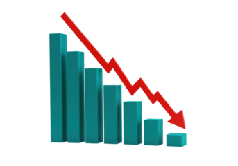 Bar chart showing a downward trend isolated on transparent background